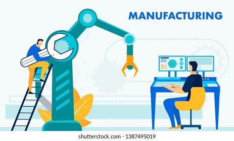 Hi-tech Manufacturing Process Flat Banner Template. Cartoon Engineer Controlling Robotic Arm Using Computer. Repairman on Ladder Fixing Equipment with Wrench, Spanner. Automated Production Typography