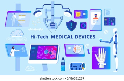 Hi-Tech Medical Devices Set. Advertising Cartoon Poster. Robot and Robotic Systems, Mobile and PC Application, Nanochip, Innovative Drugs. Online Medicine of Future. Vector Flat Illustration