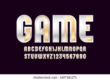 Hi-tech metallic font, bright modern alphabet, trendy letters and numbers made of silver and golden parts, vector illustration 10EPS