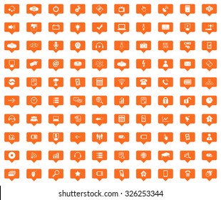 Hi-Tech orange message icons set, images in filled chat bubbles on white background