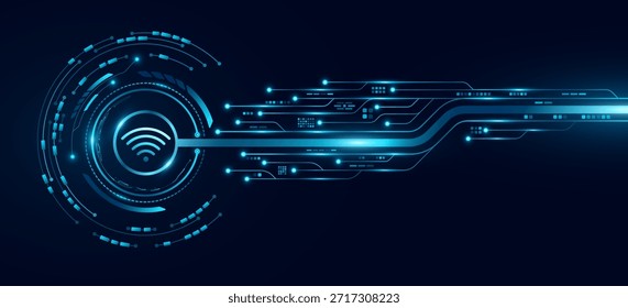 Hi-Tech-Panel mit Wifi-Icon, leuchtendem HUD-Kreis und Computer-Platine. Digitaler Datenhintergrund für UI- und GUI-Design. Futuristische Touchscreen-Taste für die Benutzeroberfläche. Vektorgrafik.