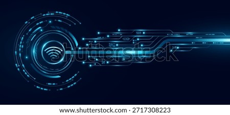 Hi-tech panel with wifi icon, glowing HUD circle and computer circuit board. Digital data background for UI and GUI design. Futuristic touch screen button for user interface. Vector illustration.