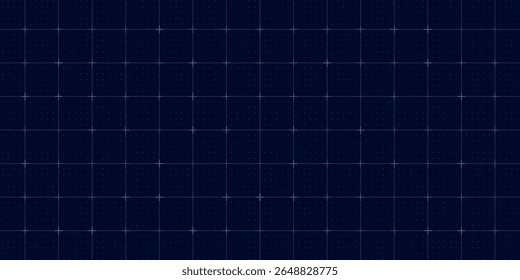 Padrão de alta tecnologia com grade quadrada azul, pontos de cruzamento e matriz de pontos digitais no plano de fundo preto. Layout de interface de usuário futurista para design HUD ou painel técnico. Ilustração vetorial.