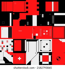 Hi-tech pattern with future-looking trendy vector graphics artwork built with abstract futuristic technology elements and random infographic geometric shapes. 