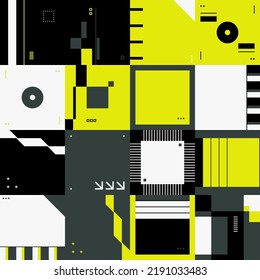 Hi-tech pattern with future-looking trendy vector graphics artwork built with abstract futuristic technology elements and random infographic geometric shapes. 