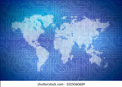 Hi-tech pixelated world map on complicated computer microchip on blue, abstract cyberspace concept illustration