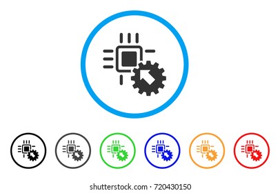 Hitech Processor And Gear Integration rounded icon. Style is a flat hitech processor and gear integration gray symbol inside light blue circle with black, gray, green, blue, red,