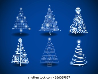 Hi-tech and programing theme Christmas trees on a blue background. 