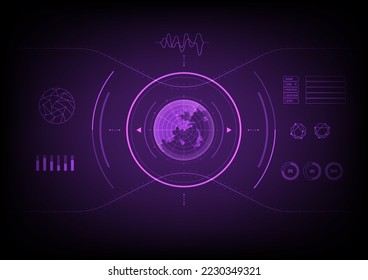 Hi-tech radar-scanning screen that glows There is a circle on the outside. has a curve with a point There is an energy scale, there is a graph, the background is gradient, purple.