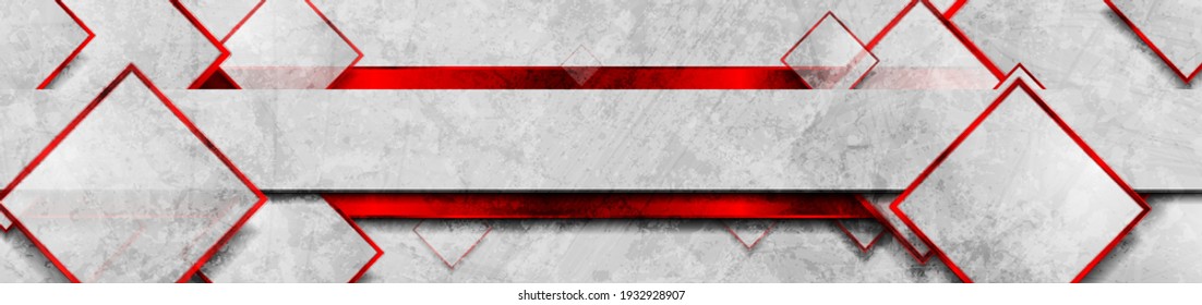 Hi-tech red glossy grunge geometric banner with squares. Abstract tech vector background