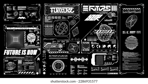 Hi-tech retrofuturistic graphic elements. Cyberpunk, HUD interface, 3D cosmic shapes. Futuristic graphic box - 3D shapes, icons, HUD, UI, GUI interface elements, cyberpunk, wireframe. Vector set