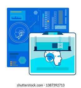 Hi-tech Robots Design Flat Vector Illustration. Digital Cyborg Modelling. Computerized Engineering System, Technology. Artificial Intelligence Software Creating Humanoid. Cyborg Head in 3d Printer