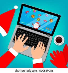 Hi-tech Santa Claus playing game on a laptop. Hands top view, flat design illustration. Funny Christmas celebration concept.