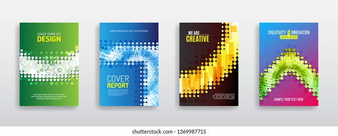 Hi-tech science background with gear, radial, technology line elements. Halftone effect flyer. Business brochure vector template. Abstract cover modern layout. Annual report, poster.