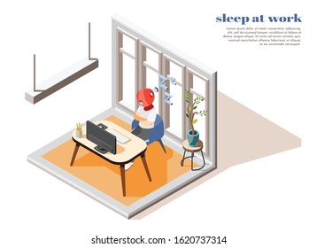 Hi-tech sleeping colored isometric composition with innovate and special tool for sleep at work vector illustration