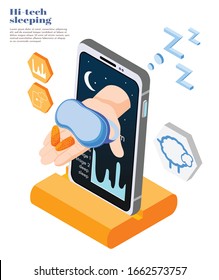 Hi-tech sleeping isometric and colored background and abstract concept with smart app vector illustration