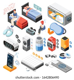 Hi-tech sleeping isometric and isolated icon set with different tools for good sleep vector illustration