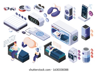 Hi-tech sleeping isometric recolor icon set with smart tools for good sleep vector illustration