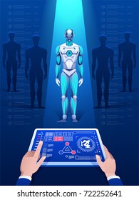 Hi-tech technology concept with robot cybernetic artificial objects and elements on blue background vector illustration