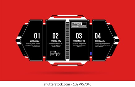 Hi-tech template with four options in black and red techno style on flat vibrant background