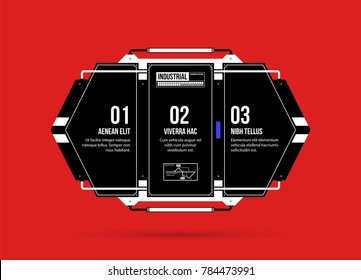 Hi-tech template with three options in black and red techno style on flat vibrant background