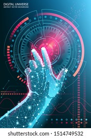 Hi-tech vector illustration. Futuristic software radar display. HUD user interface. Abstract dark blue technology background.  Human hand from polygonal mesh. Science and space technology. 