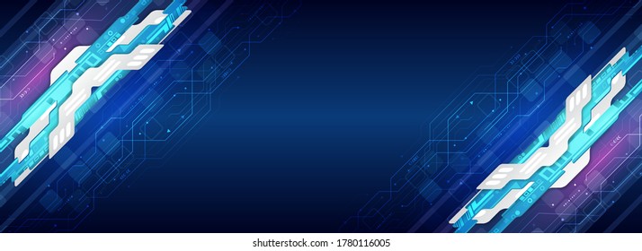 Hi-tech vector illustration with various technology elements. Wide Digital communication on the blue background. Abstract global sci fi concept.