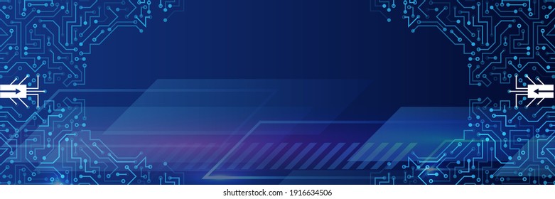Hi-tech vector illustration with various technology elements. Wide Cyber security internet and networking concept. Abstract global sci fi concept. Digital internet communication on blue background