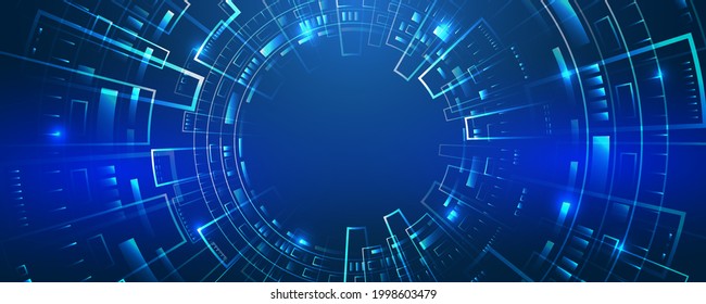 Ilustración vectorial de alta tecnología con varios elementos tecnológicos. El concepto de Internet y de redes de ciberseguridad. Resumen del concepto global de ciencia ficción. Comunicación digital en Internet sobre fondo azul