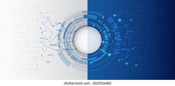 Hi-tech vector illustration with various technology elements. Cyber security internet and networking concept. Abstract futuristic background divided into two parts in blue and gray colors. 