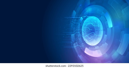 Hi-tech vector illustration with various technology elements. Abstract global sci fi concept. Digital internet communication on blue background. Wide Cyber security internet and networking concept. 