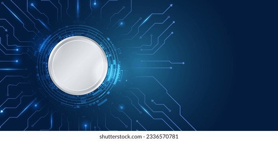 Hi-tech vector illustration with various technology elements. Abstract circuit board. Digital internet communication on blue background. Wide Cyber security internet and networking concept. 