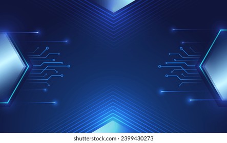 Hi-tech vector illustration with various technology elements. Abstract circuit board. Digital internet communication on blue background. Wide Cyber security internet and networking concept. 