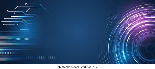 Hi-tech vector illustration with various technology elements. Wide Cyber security internet and networking concept. Abstract global sci-fi concept. Digital internet communication on blue background