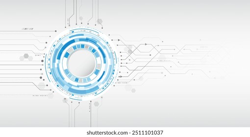 Hi-tech vector illustration with various technology elements. Abstract circuit board. Digital internet communication on grey background. Wide Cyber security internet and networking concept.