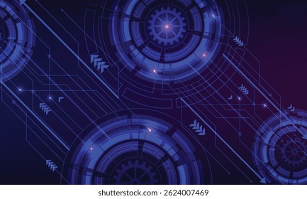 Hi-tech vector illustration with various technology elements. Abstract global sci fi concept. Digital internet communication on blue background