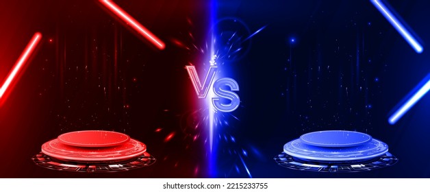 Banner de alta tecnología versus estadios futuristas - hologramas. Fondo de plantilla de VS para GUI, ciberdeporte, torneos de juegos, batalla, partidos, peleas. Podio futurista con neón, palabra VS y chispas voladoras	
