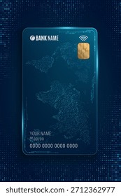 Vertikale Hi-Tech-Debitkarte mit Chip und kontaktlosem Symbol auf blauem, gepunktetem Hintergrund für Online-Zahlungen und sichere Transaktionen. Vektorgrafik.