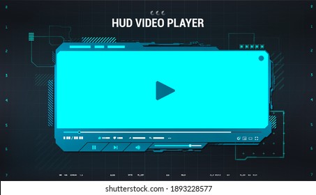 Hi-tech video player in HUD style. Blue digital mockup media player for app, ui, ux, web design and other. Futuristic Video Player template. Modern blue HUD skin. Vector illustration