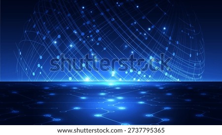 A hi-tech virtual reality background featuring a glowing blue connection grid on the ground and a massive digital sphere on the horizon. Ideal for metaverse, data center, and cyber space themes.