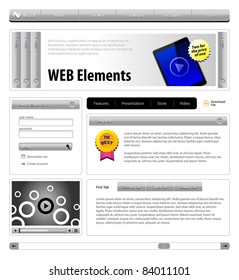 Hi-Tech Website Design Gray Elements: Buttons, Form, Slider, Scroll, Icons, Tab, Menu, Navigation Bar, Login, Video, Player, Accordion, Template