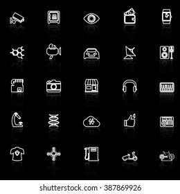 Hitechnology line icons with reflect on black, stock vector