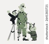 Hitler and Mussolini making puppet sticker, isolated vector element. 