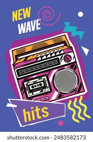 Hits eighties colorful vintage flyer with music player for tape cassettes for organizing parties in style new wave vector illustration