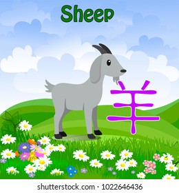Hitsuji Japanese Kanji Name, Japan Language Word Alphabet Animal Vector, Meaning The Sheep.