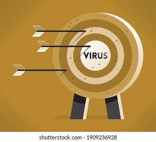 Hitting arrows and target Virus. Concept: coronavirus COVID-19 pandemic outbreak, antivirus, epidemy and diseases, illness, medical science, remedy development and invention, antidots, drugs etc.