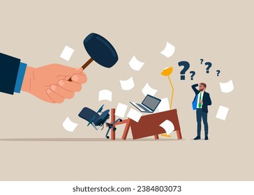 Hitting to break computer with hammer. Frustration and chaos from computer problem. Disappointment and mistake. 