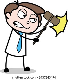 Hitting Hammer on the Wall - Office Businessman Employee Cartoon Vector Illustration