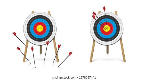 Hitting and missed target with archery arrow set. Goal achievement and strategical planning. Success and failure. Dartboard with point mark on tripod. Flat cartoon design. Vector illustration
