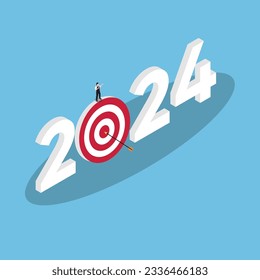 Hitting new goal in 2024 isometric 3d vector illustration concept for banner, website, illustration, landing page, flyer, etc